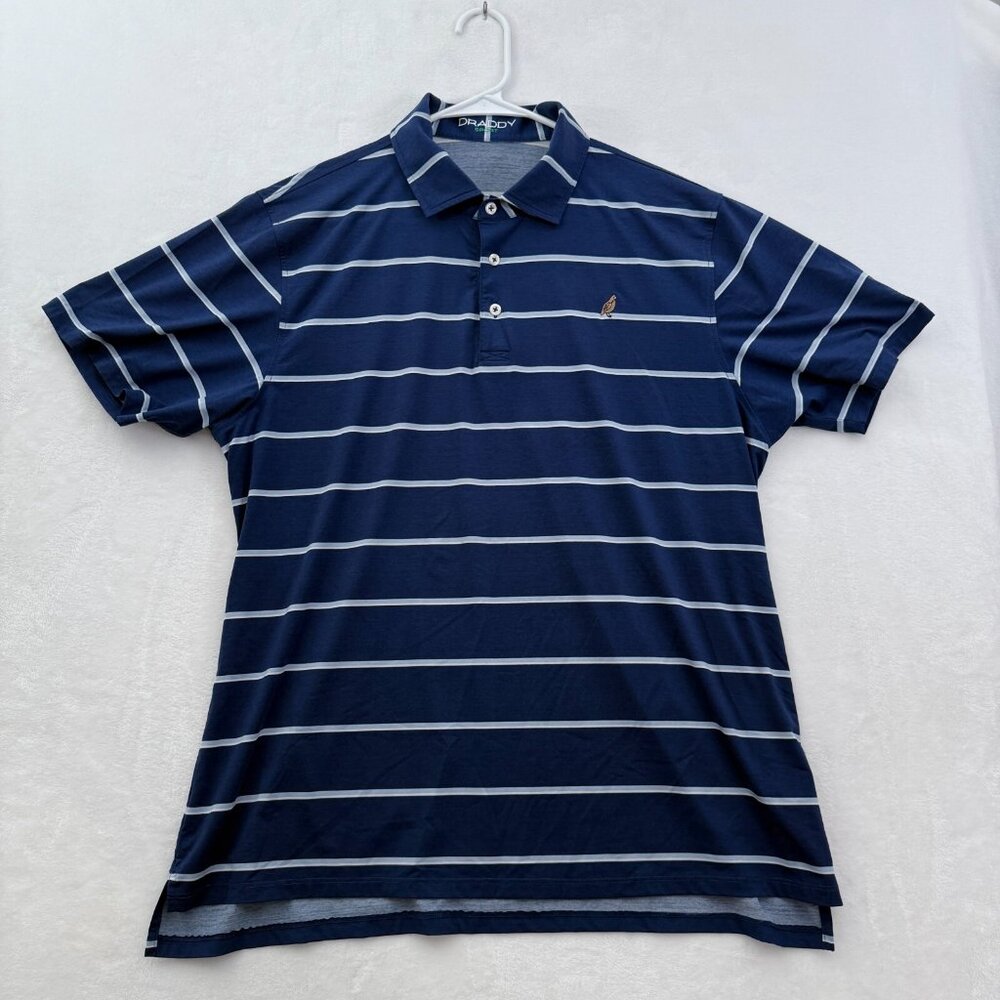 B Draddy Sports Polo Shirt Mens L Blue Stiped Golf Performance Athletic